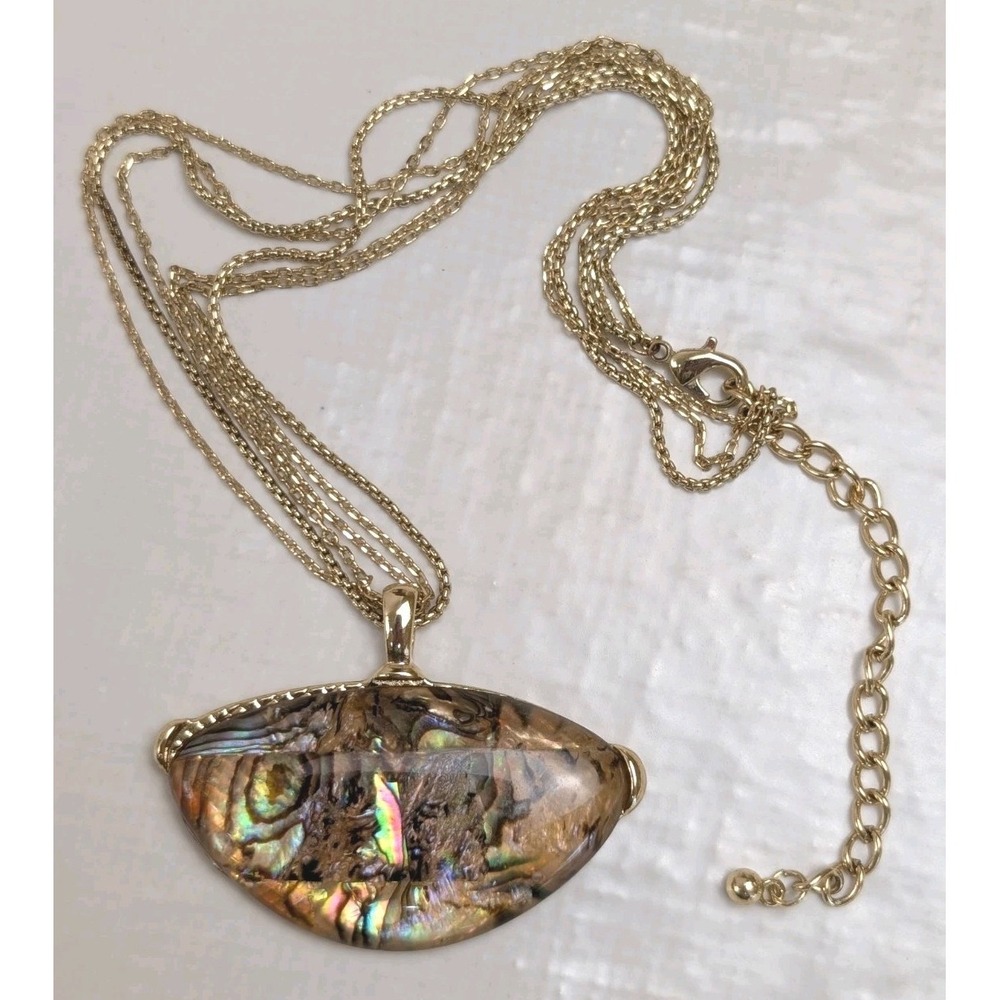 Abalone Shell Pendant Necklace Gold Tone Multi Strand Iridescent Statement